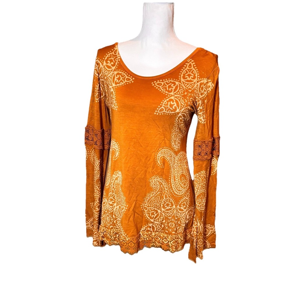 Indigo Thread Co Boho Paisley Tunic Top Womens Small Bell Sleeve Crochet Trim